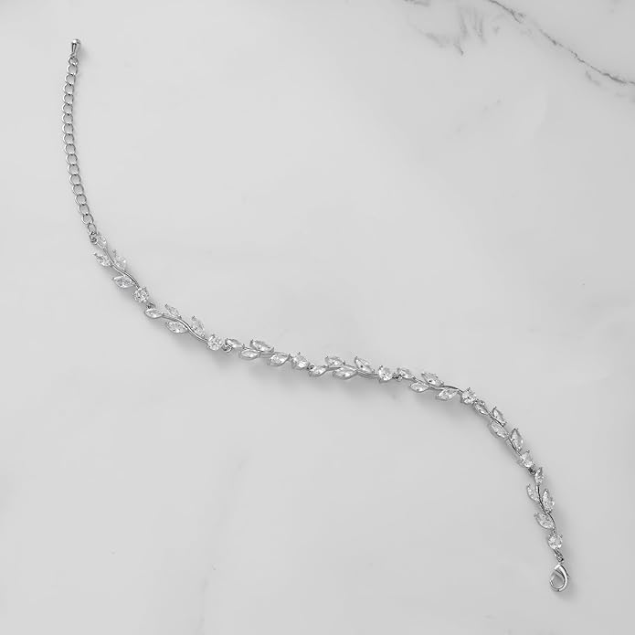SWEETV Cubic Zirconia Wedding Bridal Bracelet for Brides,Bridesmaids, Silver Crystal Elegant Tennis Bracelet for Women Prom Jewelry Gifts
