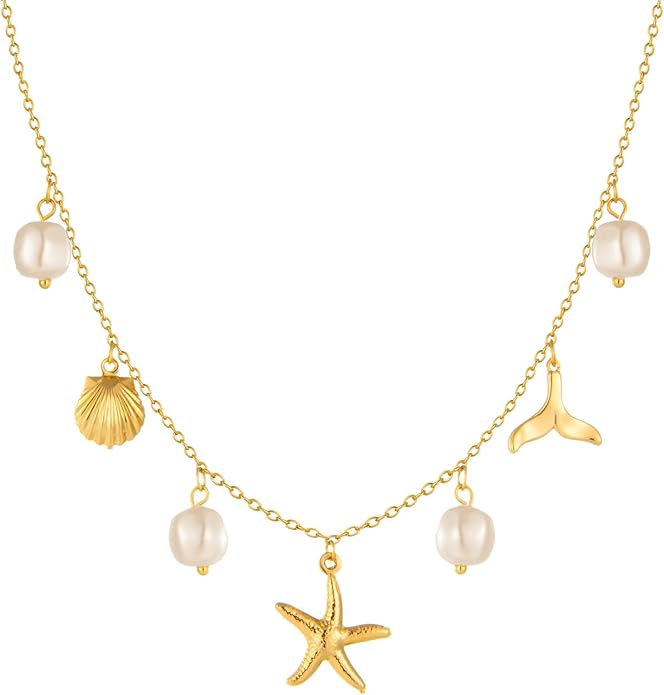 Charm Necklace for Women Pearl Starfish Seashell 14k Gold Summer Beach Surfer Jewelry Necklace Gifts