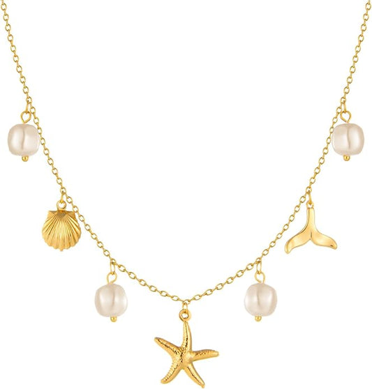 Charm Necklace for Women Pearl Starfish Seashell 14k Gold Summer Beach Surfer Jewelry Necklace Gifts