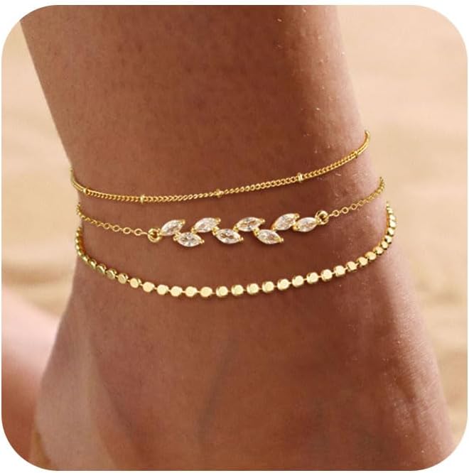 Ankle Bracelets for Women 14K Real Gold Silver Plated Ankle Bracelets Waterproof Heart Beads Rope Satellite Anklets Set Adjustable Layered Anklet Bracelets No Tarnish Summer Beach Jewelry Gift