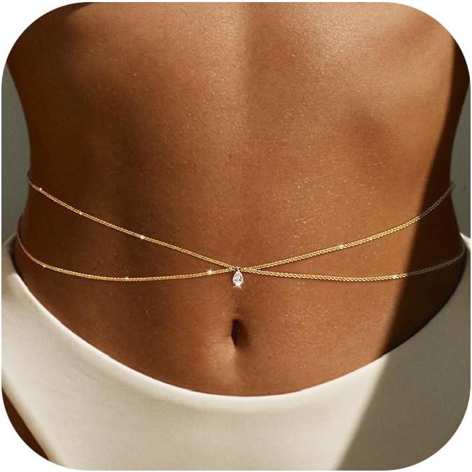 MOODEAR 2PCS Waist Chain for Women - Waterproof 14K Gold Plated/Silver Layered Belly Beads Chains with Drop Cubic Zirconia Body Chain Jewelry Sexy Bikini Belt Gift for Summer Beach