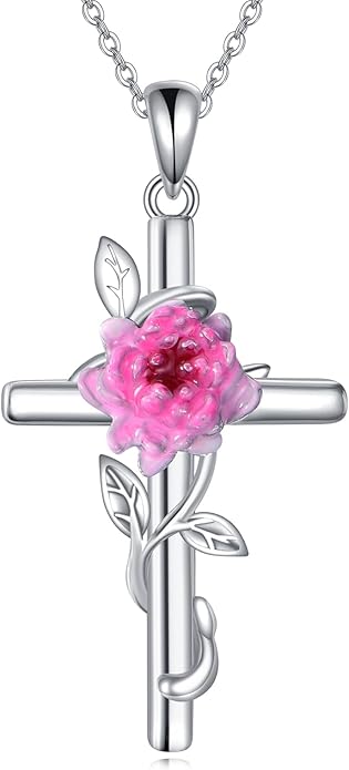 Flower Cross Necklace 925 Sterling Silver Carnation/Rose/Lily/Daisy Cross Necklace Birth Flower Jewelry for Women