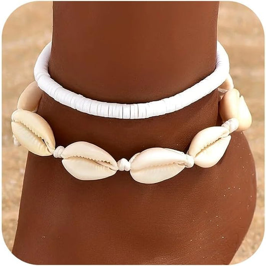 Shell Ankle Bracelet Set for Women, Gold Boho Bead Adjustable Anklet, Hawaiian Beach Seashell Pearl Heart Starfish Conch Foot Jewelry Gifts