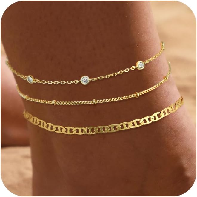 Ankle Bracelets for Women 14K Real Gold Silver Plated Ankle Bracelets Waterproof Heart Beads Rope Satellite Anklets Set Adjustable Layered Anklet Bracelets No Tarnish Summer Beach Jewelry Gift