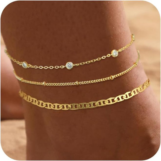 Ankle Bracelets for Women 14K Real Gold Silver Plated Ankle Bracelets Waterproof Heart Beads Rope Satellite Anklets Set Adjustable Layered Anklet Bracelets No Tarnish Summer Beach Jewelry Gift
