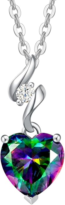 AGVANA 14K Solid White Gold Diamond Gemstone Pendant with Sterling Silver Chain 8mm Heart Birthstone Necklace Fine Jewelry Anniversary Birthday Gifts for Women Mom Wife