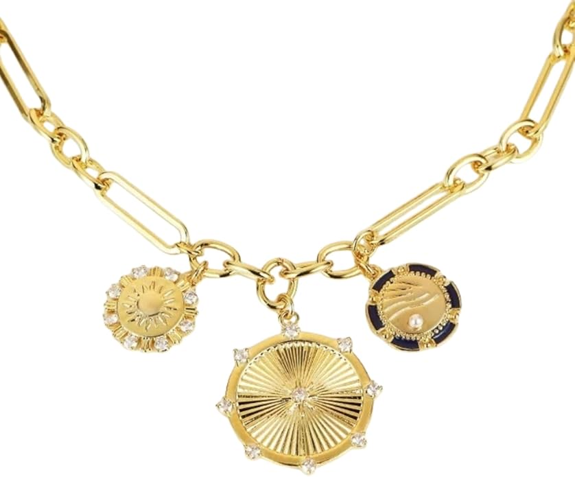 Gold Charm Necklaces for Women, 18K Gold Plated Bow Pendant Necklace Gold Heart Chain Aesthetic Star Jewelry