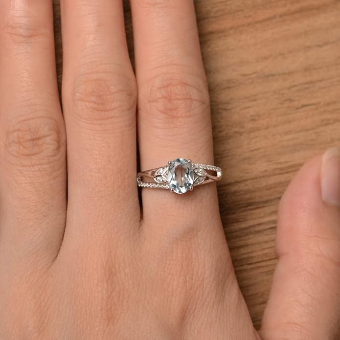 925 Sterling Silver Oval Shaped 8X6 MM Gemstone Ring Leaf Engagement Ring for Women Jewelry