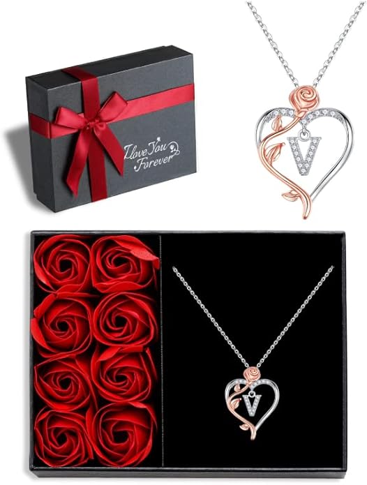 Iefil Rose Heart Necklaces Gifts for Women - 925 Sterling Silver Rose Heart Initial Necklace, Anniversary Birthday Gifts for Women, Jewelry Gift for Her Wife Girlfriend Mom Daughter