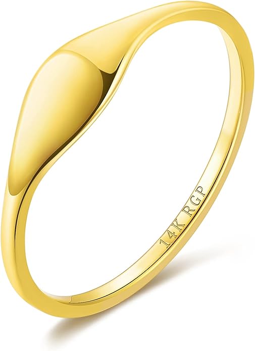 Kainier 14K Gold Plated Signet Rings Stackable Plain Slim Oval-shaped Thin Pinky Band for Women - 1.5mm Classic Dainty Cute Stacking Ring with Comfort Fit - Sizes 5-10