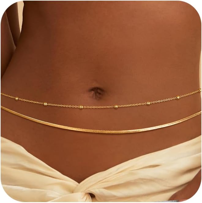 CHESKY Gold Waist Chain for Women, 14K Gold Plated Silver Layered Belly Belt Chains Sexy Bikini Beach Waist Beads Chain Waterproof Snake Pearl Cuban Body Chain Summer Jewelry Accessories for Women