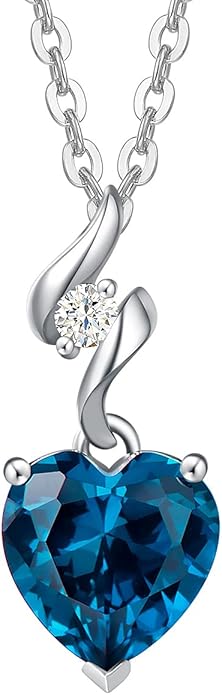 AGVANA 14K Solid White Gold Diamond Gemstone Pendant with Sterling Silver Chain 8mm Heart Birthstone Necklace Fine Jewelry Anniversary Birthday Gifts for Women Mom Wife