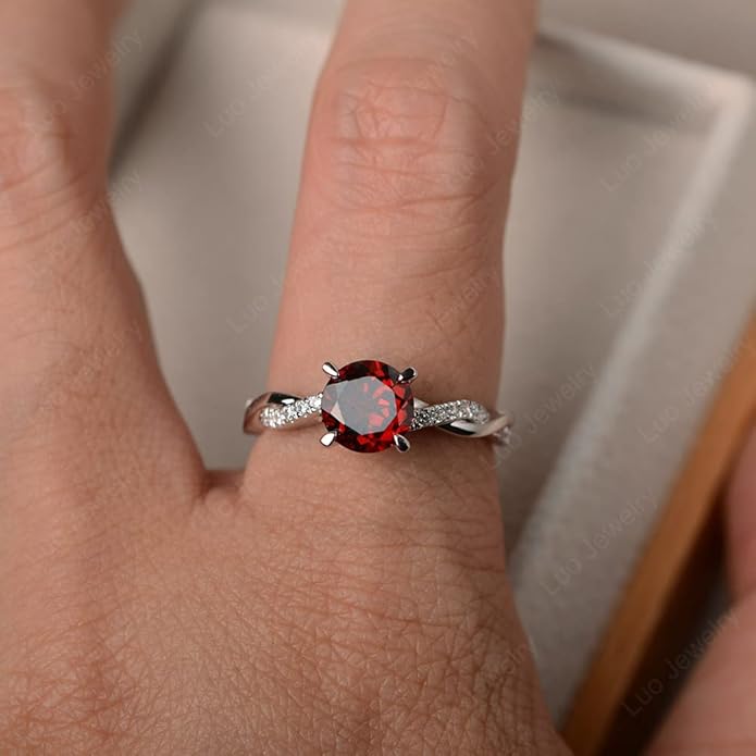LUO 925 Sterling Silver 7x7mm Round Cut Gemstone Birthstone Rings for Women, Twist Infinity Engagement Ring Birthstone Jewelry Anniversary Wedding Promise for Lady Size 3-13