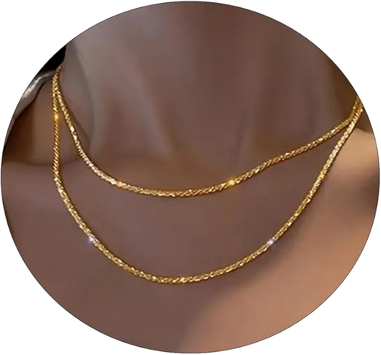 ASCOMY Layered Necklaces for Women Dainty Gold Necklace 14K Gold Plated Herringbone Necklace for Women Pearl Cross Necklace Paperclip Cuban Figaro Rope Satellite Chain Gold Choker Trendy Jewelry Gift