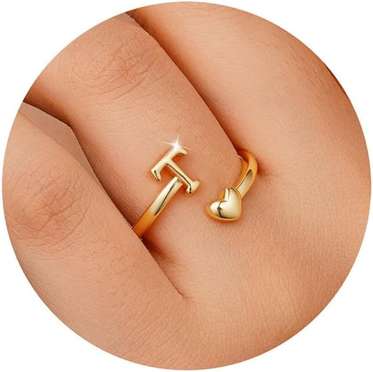 M MOOHAM Gold Rings for Women - 14K Gold Plate Initial Rings for Women Non Tarnish Letter A- Z Dainty Heart Ring Adjustable Pinky Ring Personalized Jewelry Gifts