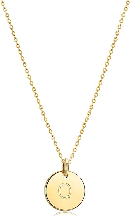 Bemoly Initial Necklace for Women Round 11MM Coin Disc Double Side Engraved Letter A-Z Hammered Pendant 14K Gold Plated Personalized Alphabet Birthday Jewelry 17.5"