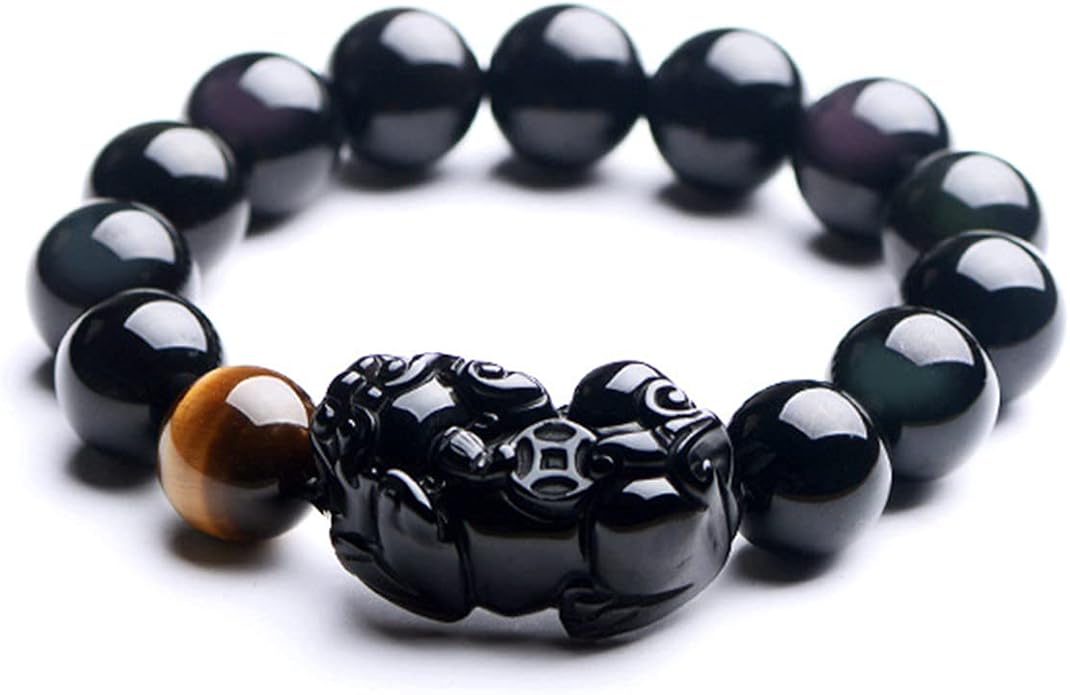 Black Obsidian Bracelet,Feng Shui Black Obsidian Wealth Bracelet for Women Men Stretch Obsidian Bracelet Bangle with Pixiu Tiger Eye Stone Attract Wealth Money and Good Luck