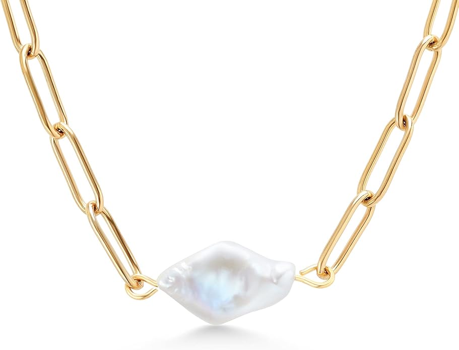 Gem Stone King Shell Pearl Paperclip Link Chain Yellow Gold Plated Stainless Steel Pendant Necklace For Women (Pearl: 14X9MM and Chain: 18 Inch = 16 + 2 Inch Length)