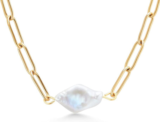 Gem Stone King Shell Pearl Paperclip Link Chain Yellow Gold Plated Stainless Steel Pendant Necklace For Women (Pearl: 14X9MM and Chain: 18 Inch = 16 + 2 Inch Length)