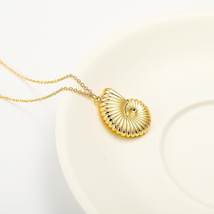 Charm Necklace for Women, 14K Gold Plated Shell Sun Starfish Summer Beach Necklace 16+3" Paperclip Chain Jewelry Gifts