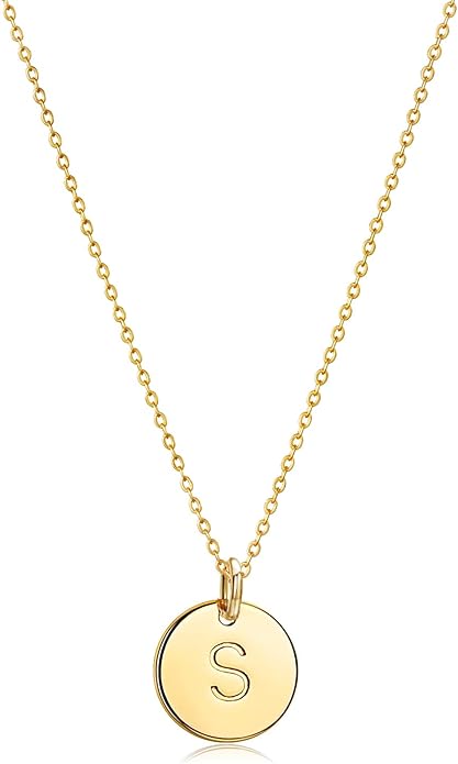 Bemoly Initial Necklace for Women Round 11MM Coin Disc Double Side Engraved Letter A-Z Hammered Pendant 14K Gold Plated Personalized Alphabet Birthday Jewelry 17.5"