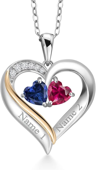 925 Sterling Silver and 10K Yellow Gold Engraved Customized and Personalized Gemstone Birthstone and White Lab Grown Diamond 2-Heart Couple Name Pendant Necklace For Women with 18 Inch Silver Chain