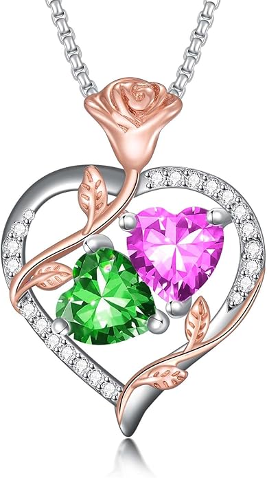 Jewelry for Her Double Heart Rose Birthstone Pendant Necklace Anniversary Jewelry Christmas Birthday Gifts for Women Wife Girlfriend