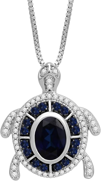 Jewelili Sterling Silver Turtle Birthstone Pendant Necklace | 7X5 MM Oval & 1.25 MM Round Cut Birthstone with Round Created White Sapphire Gemstones | 18" Box Chain | Luxury Jewelry Gift for Her | Gift Box Included