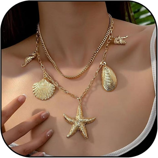 Choistily Charm Necklace Dainty Gold Western Outfit Beach Jewelry for Women Trendy Cowgirl Accessories for Women Gold Bow Sea Shell Pendant Necklace Preppy Stuff Summer Jewelry 2025