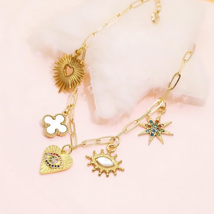 Chunky Retro Heart Necklace for Women Antique Layer Beach Ocean Moon Stars Western Boho Charm Necklaces Retro Link Chain Jewelry