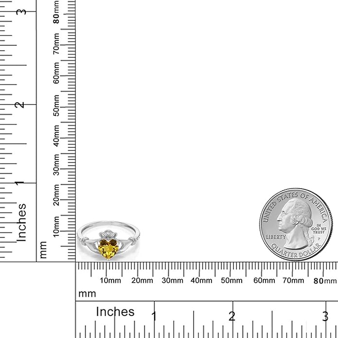 Gem Stone King 10K White Gold 6MM Heart Shape Gemstone Birthstone and White Diamond Irish Celtic Claddagh Engagement Ring | Gold Ring For Women | Available In Size 5, 6, 7, 8, 9