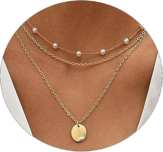 ASCOMY Layered Necklaces for Women Dainty Gold Necklace 14K Gold Plated Herringbone Necklace for Women Pearl Cross Necklace Paperclip Cuban Figaro Rope Satellite Chain Gold Choker Trendy Jewelry Gift