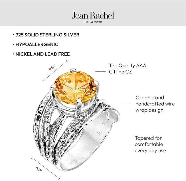 JEAN RACHEL JEWELRY 925 Sterling Silver Ring - Wrap Vintage Design with Prong Set Round Cubic Zirconia - Hypoallergenic, Lead & Nickel Free - Artisan Handcrafted Statement Rings for Women