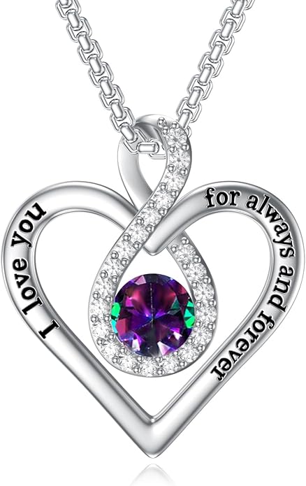 I Love You For Always and Forever Birthstone Necklace Infinity Love Heart Pendant Jewelry Christmas Valentine Mothers Day Birthday Gifts for Women Her Wife Girlfriend