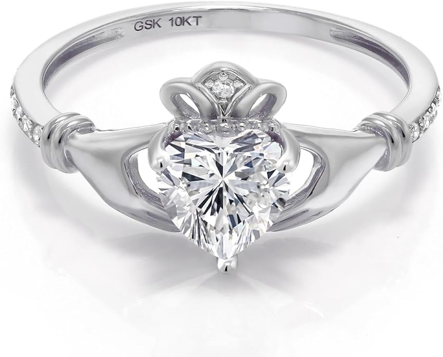 Gem Stone King 10K White Gold 6MM Heart Shape Gemstone Birthstone and White Diamond Irish Celtic Claddagh Engagement Ring | Gold Ring For Women | Available In Size 5, 6, 7, 8, 9