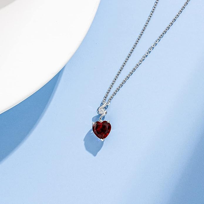 AGVANA 14K Solid White Gold Diamond Gemstone Pendant with Sterling Silver Chain 8mm Heart Birthstone Necklace Fine Jewelry Anniversary Birthday Gifts for Women Mom Wife