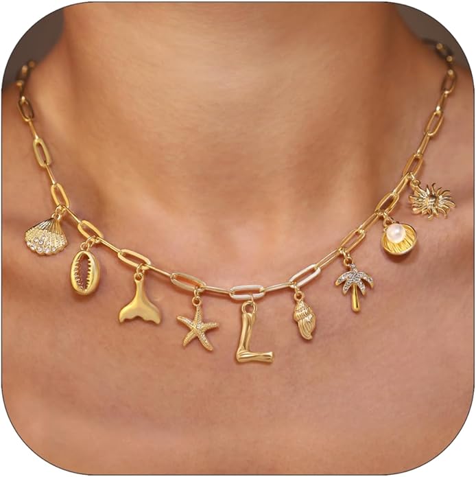 Initial Charm Necklace For Women Shell Letter Necklaces Gold Charms Pendant Boho Summer Seashell Beach 14k Starfish Surfer Jewelry Gifts