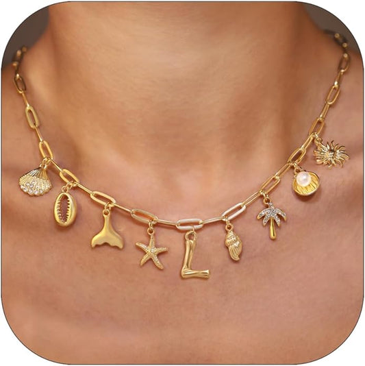 Initial Charm Necklace For Women Shell Letter Necklaces Gold Charms Pendant Boho Summer Seashell Beach 14k Starfish Surfer Jewelry Gifts