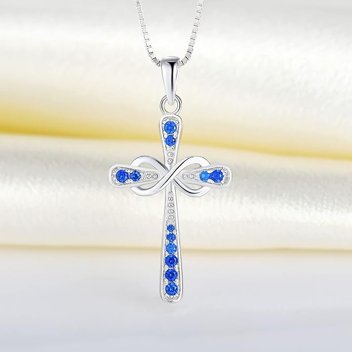 YL 925 Sterling Silver Cross Necklace for Women Halo Infinity Pendant Birthstone Jewelry for Mom