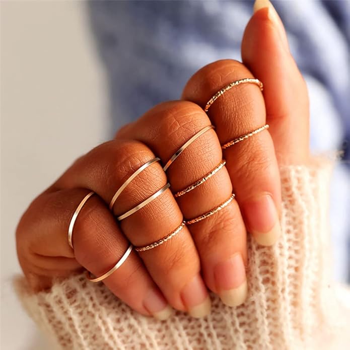 WFYOU 10 Pcs 1-2mm 18K Gold Plated Simple Rings for Women Band Knuckle Stacking Midi Rings Elegant Classic Minimalist Rings Comfort Fit