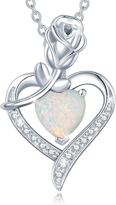 AGVANA Rosy Reverie Birthstone Necklace for Women Sterling Silver Genuine or Created Gemstone Rose Flower Heart Pendant Necklace Anniversary Birthday Gifts for Women Mom Wife Her