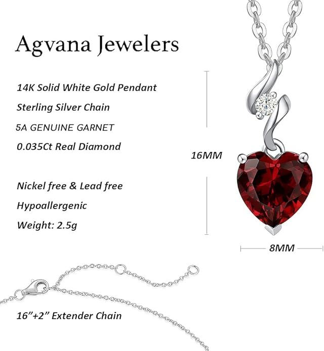 AGVANA 14K Solid White Gold Diamond Gemstone Pendant with Sterling Silver Chain 8mm Heart Birthstone Necklace Fine Jewelry Anniversary Birthday Gifts for Women Mom Wife