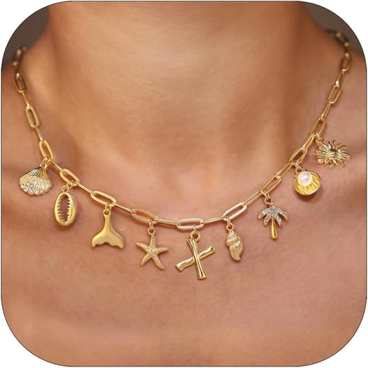 Initial Charm Necklace For Women Shell Letter Necklaces Gold Charms Pendant Boho Summer Seashell Beach 14k Starfish Surfer Jewelry Gifts