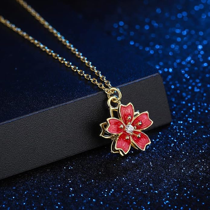 14K Women Gold Flower Chain Necklace,Dainty Sakura Floral Pendant Necklace with Moissanite Diamond,Gift for Mom, Wife, Girlfriend