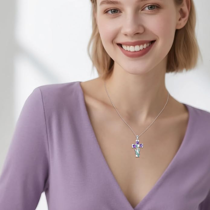 Flower Cross Necklace 925 Sterling Silver Carnation/Rose/Lily/Daisy Cross Necklace Birth Flower Jewelry for Women