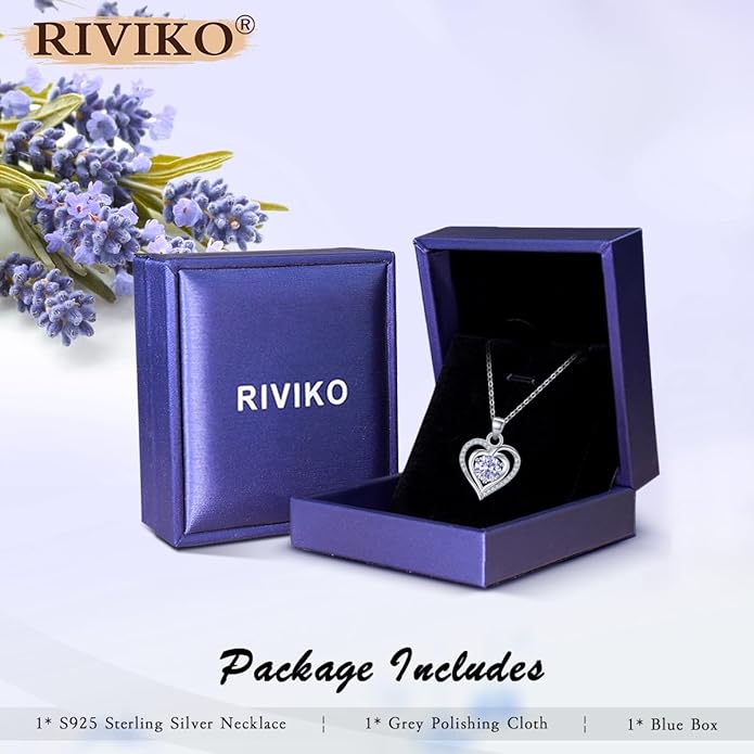 RIVIKO Heart Birthstone Pendant Necklace for Women 925 Sterling Silver Zirconia Necklaces Wedding Anniversary Birthday Mothers Day Jewelry Gifts For Her Mother Wife
