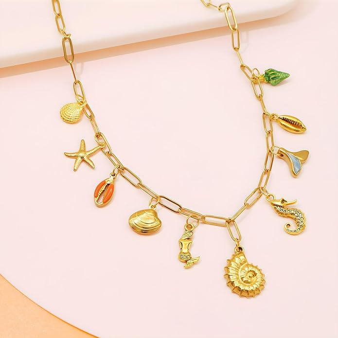 Chunky Retro Heart Necklace for Women Antique Layer Beach Ocean Moon Stars Western Boho Charm Necklaces Retro Link Chain Jewelry