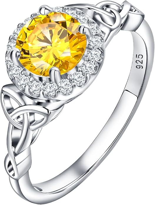 DAYBYDAY Celtic Birthstone Rings for Women 925 Sterling Silver Heart/Round/Pear/Oval Created Gemstone Moissanite Halo Engagement Promise Rings for Her Wife Birthday Anniversary Wedding Jewelry