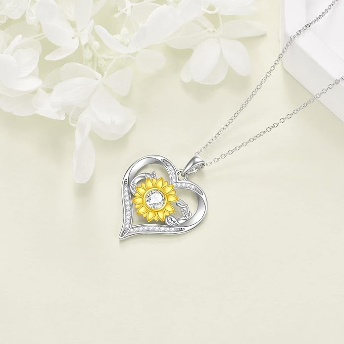 Sunflower Necklace for Women, 18K Gold Plated Silver Moissanite Sunflower Heart/Cross Pendant Necklace You are My Sunshine Gifts Sunflower Jewelry Birthday Christmas Mothers Day Gifts for Her Girlfriend Wife