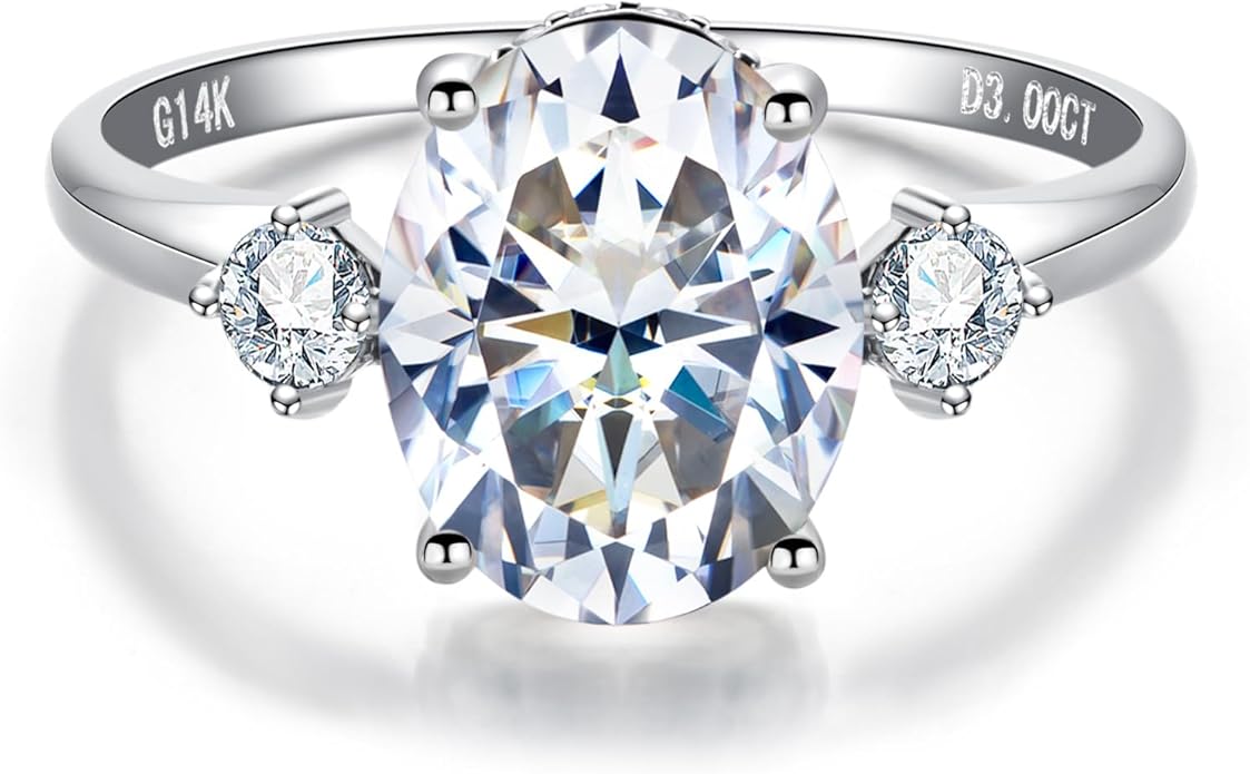 Solid 14K Gold 3.36ct Moissanite Three Stone Rings (3ct Center Stone), Round/Oval/Emerald Shape, Real Gold | D Color and Flawless Moissanite | Wedding Anniversary Ring